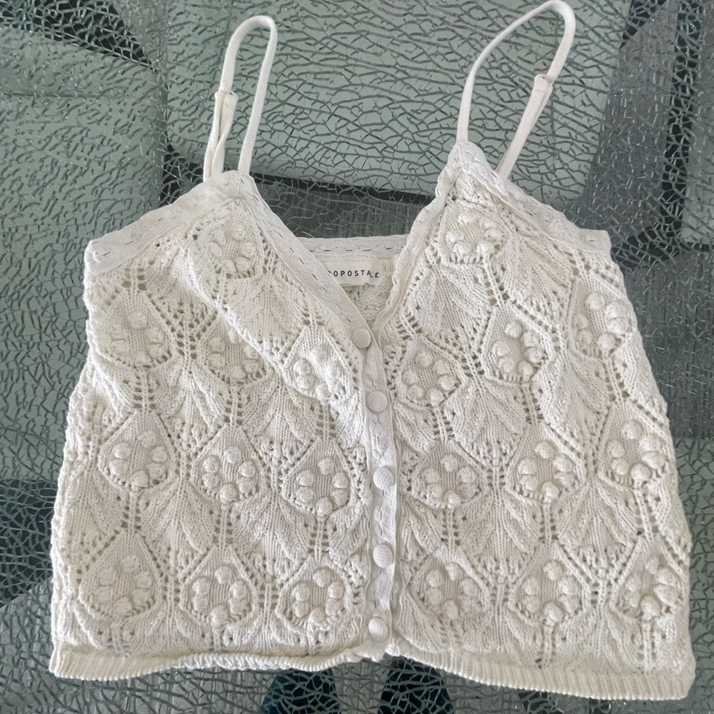 Aeropostale White Crochet Button-Front Cami , cropped top, size S
